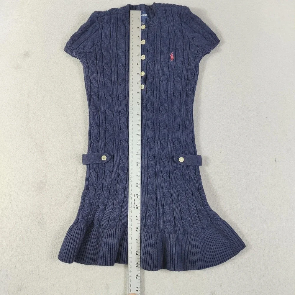 Ralph Lauren Sweater Dress Girls Small Blue Cable Knit Drop Waist Pony Logo